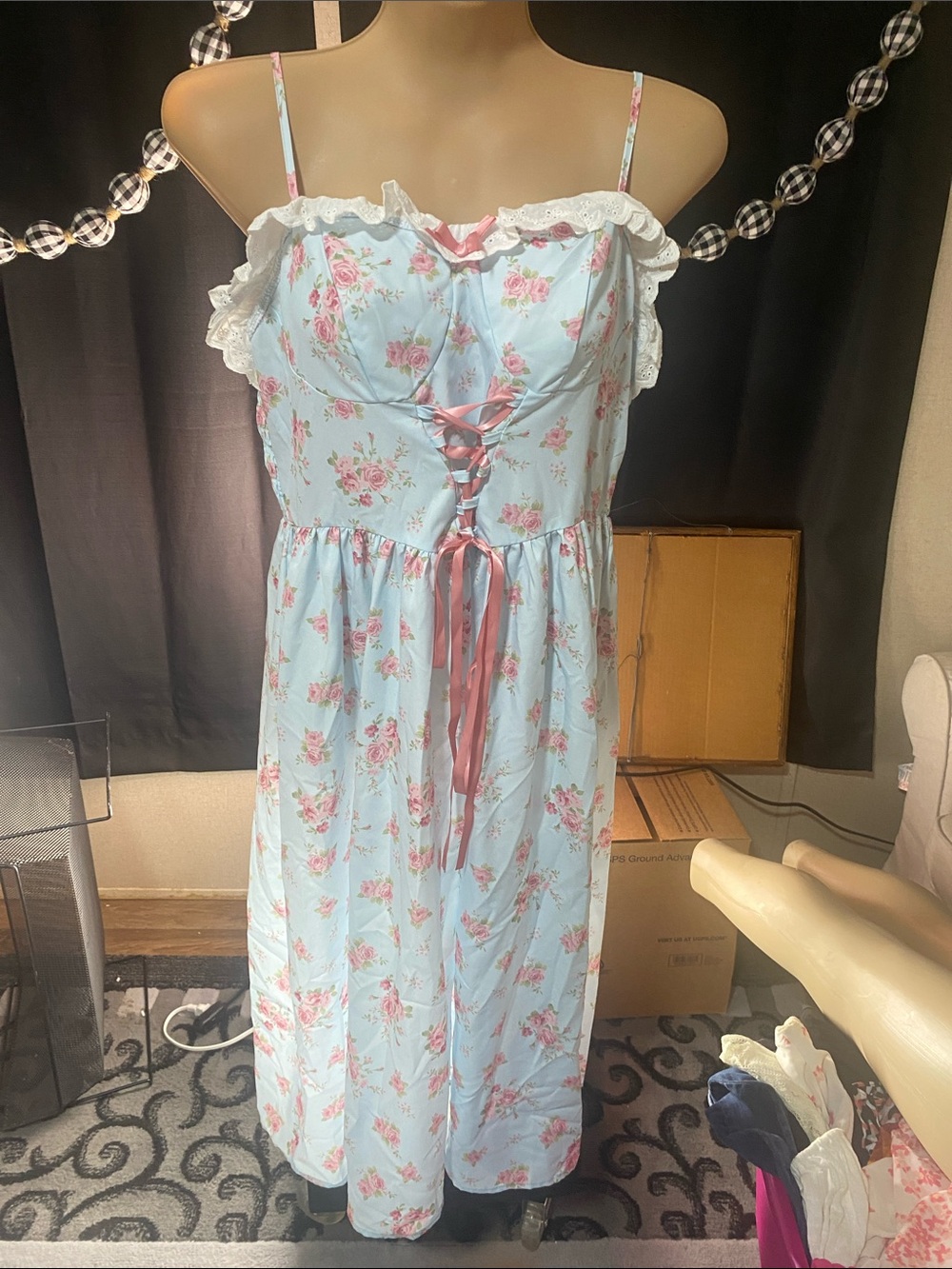 SHEIN Light Blue Floral Maxi Dress with Pink Rose Print